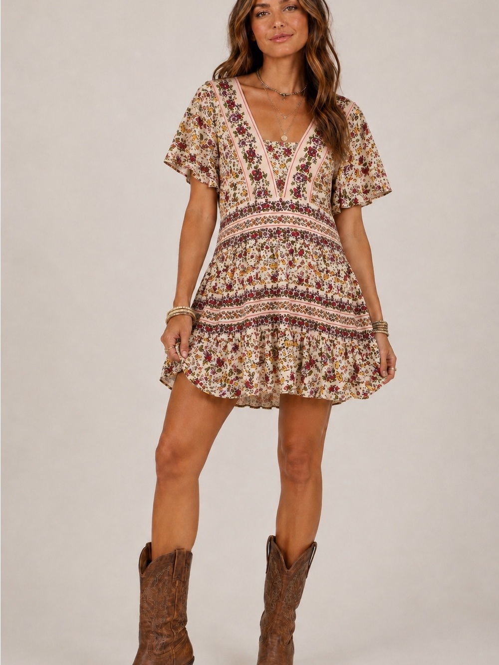 Patrons of Peace Floral Boho Mini Dress Tiered Flutter Sleeve